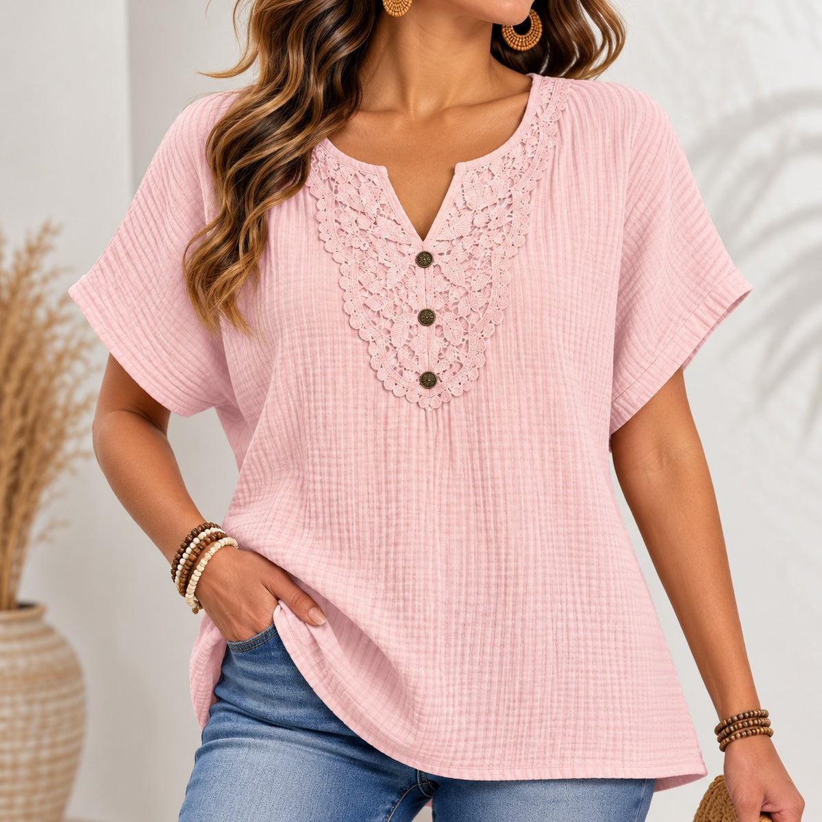 Amarise™ Blouse with Ornamental Lace Neckline and Relaxed Fit