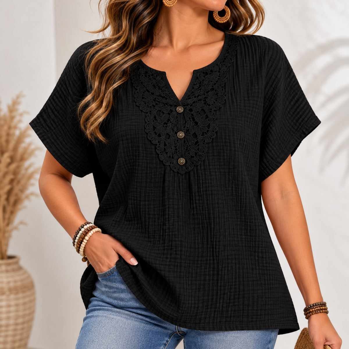 Amarise™ Blouse with Ornamental Lace Neckline and Relaxed Fit