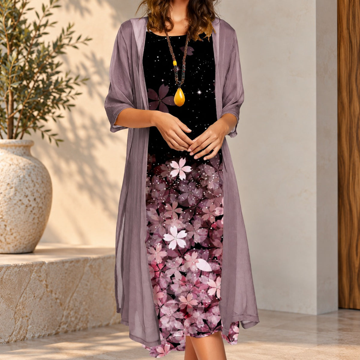 Primrose™ Set with Floral Dress and Long Sheer Cardigan