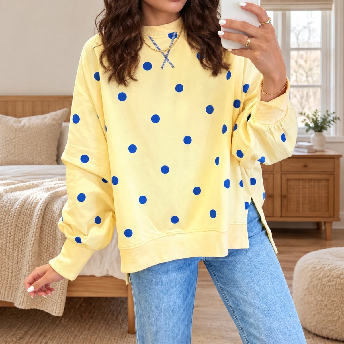 Valine™ Blouse with Contrasting Polka Dots, Relaxed Fit and Asymmetrical Hem
