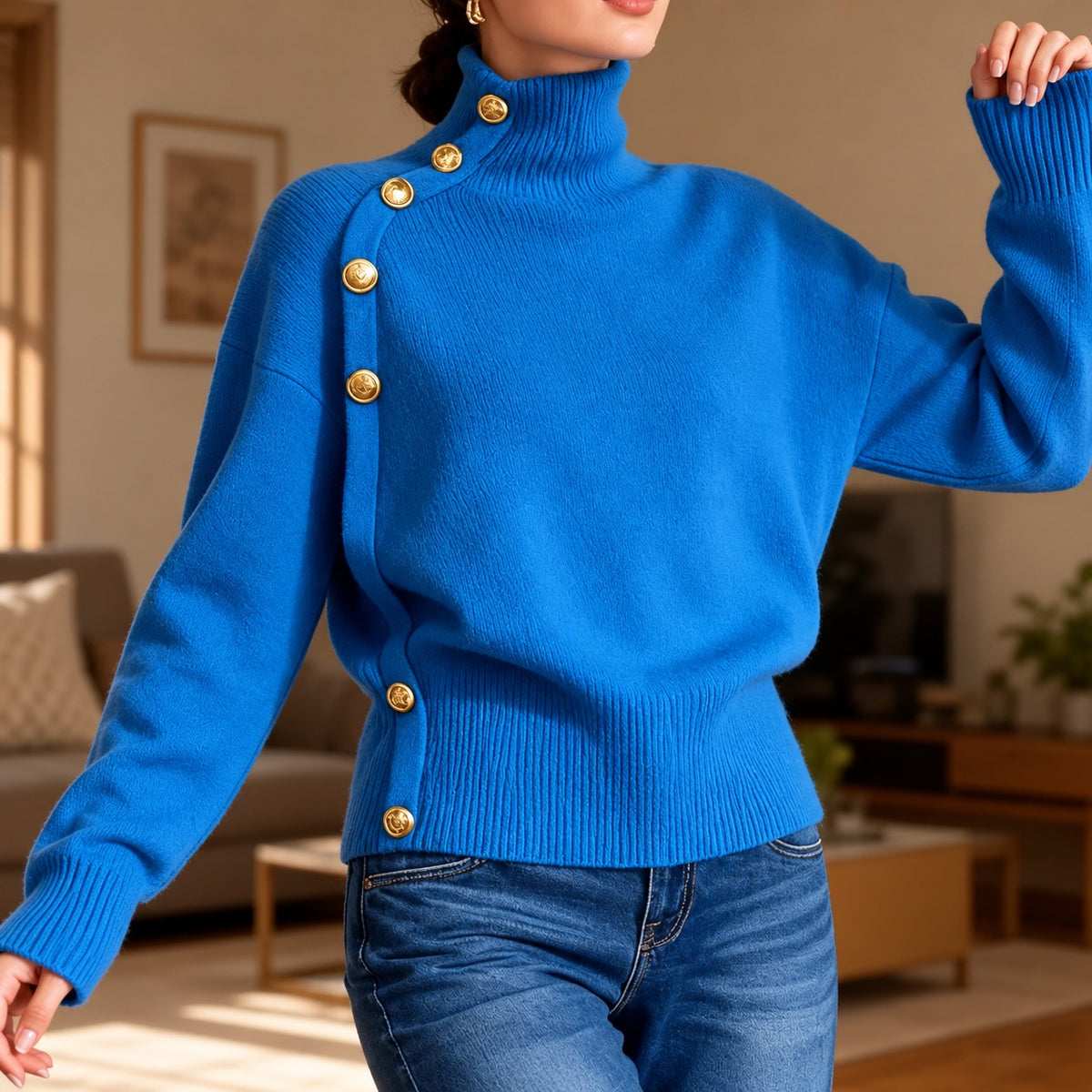Sweater Blaire™ with High Neck, Asymmetric Gold-Tone Buttons and Ribbed Waist