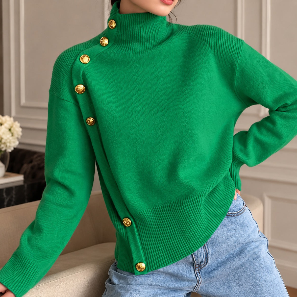 Sweater Blaire™ with High Neck, Asymmetric Gold-Tone Buttons and Ribbed Waist