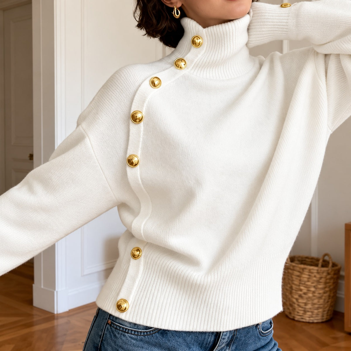 Sweater Blaire™ with High Neck, Asymmetric Gold-Tone Buttons and Ribbed Waist