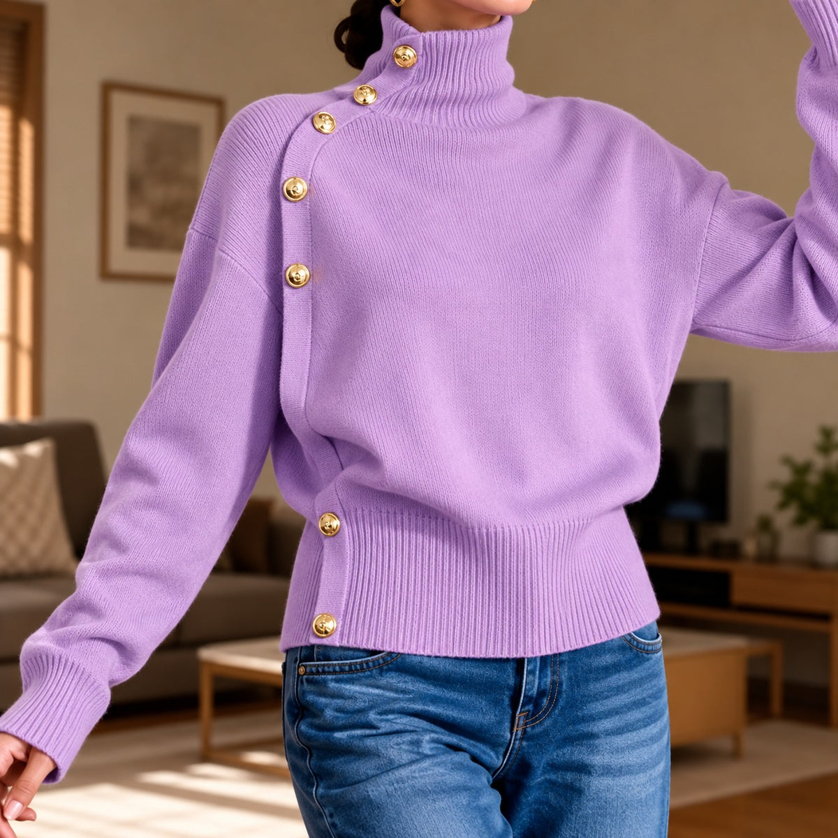 Sweater Blaire™ with High Neck, Asymmetric Gold-Tone Buttons and Ribbed Waist