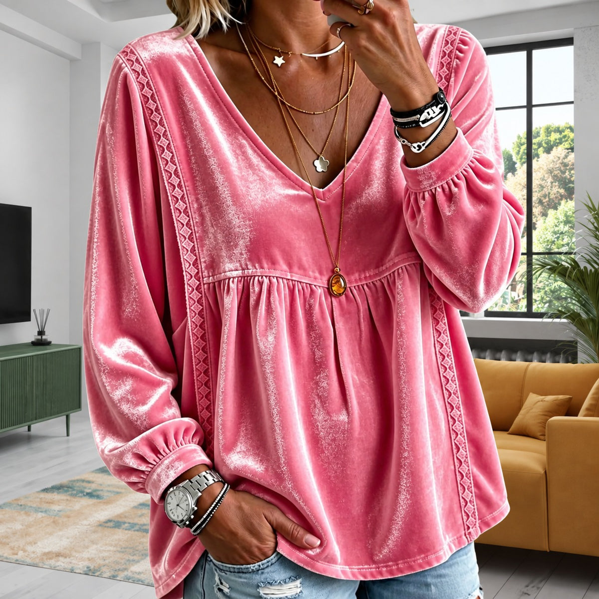Blouse Kylie™ with V-Neck and Geometric Trim
