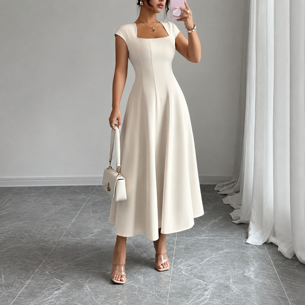 Dress Lucille™ with Square Neckline and Flared Midi Skirt