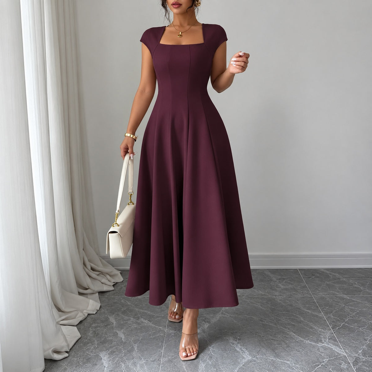 Dress Lucille™ with Square Neckline and Flared Midi Skirt
