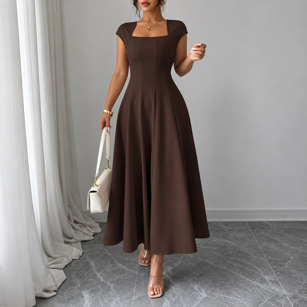 Dress Lucille™ with Square Neckline and Flared Midi Skirt