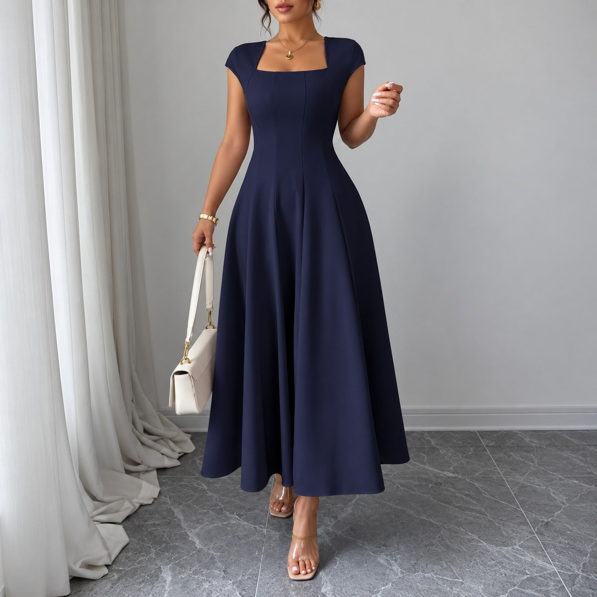 Dress Lucille™ with Square Neckline and Flared Midi Skirt