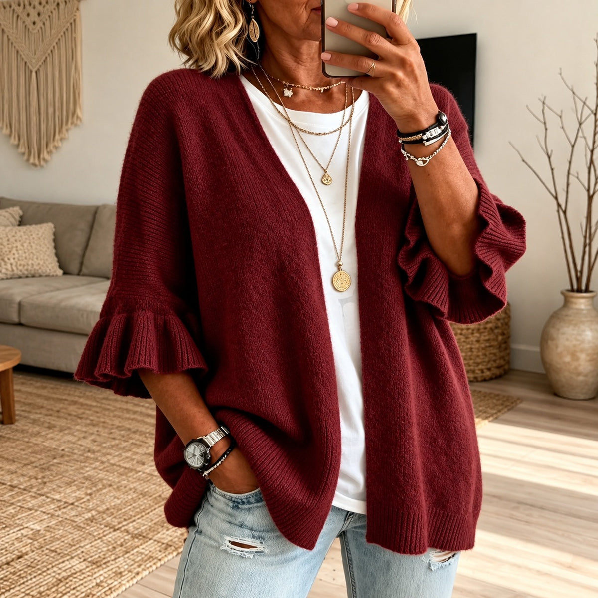 Cardigan Girona™ with Textured Knit, Open Front and Bell Sleeves