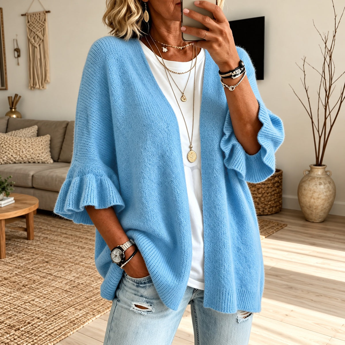 Cardigan Girona™ with Textured Knit, Open Front and Bell Sleeves
