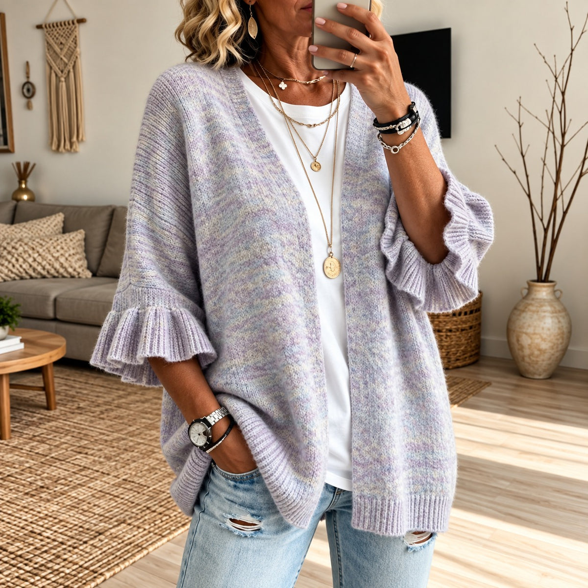 Cardigan Girona™ with Textured Knit, Open Front and Bell Sleeves