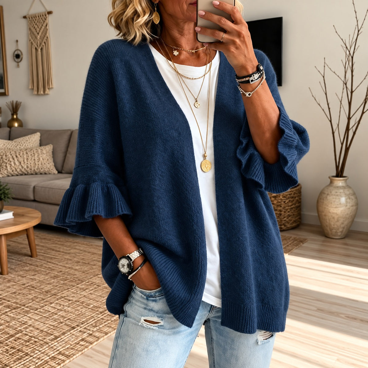 Cardigan Girona™ with Textured Knit, Open Front and Bell Sleeves