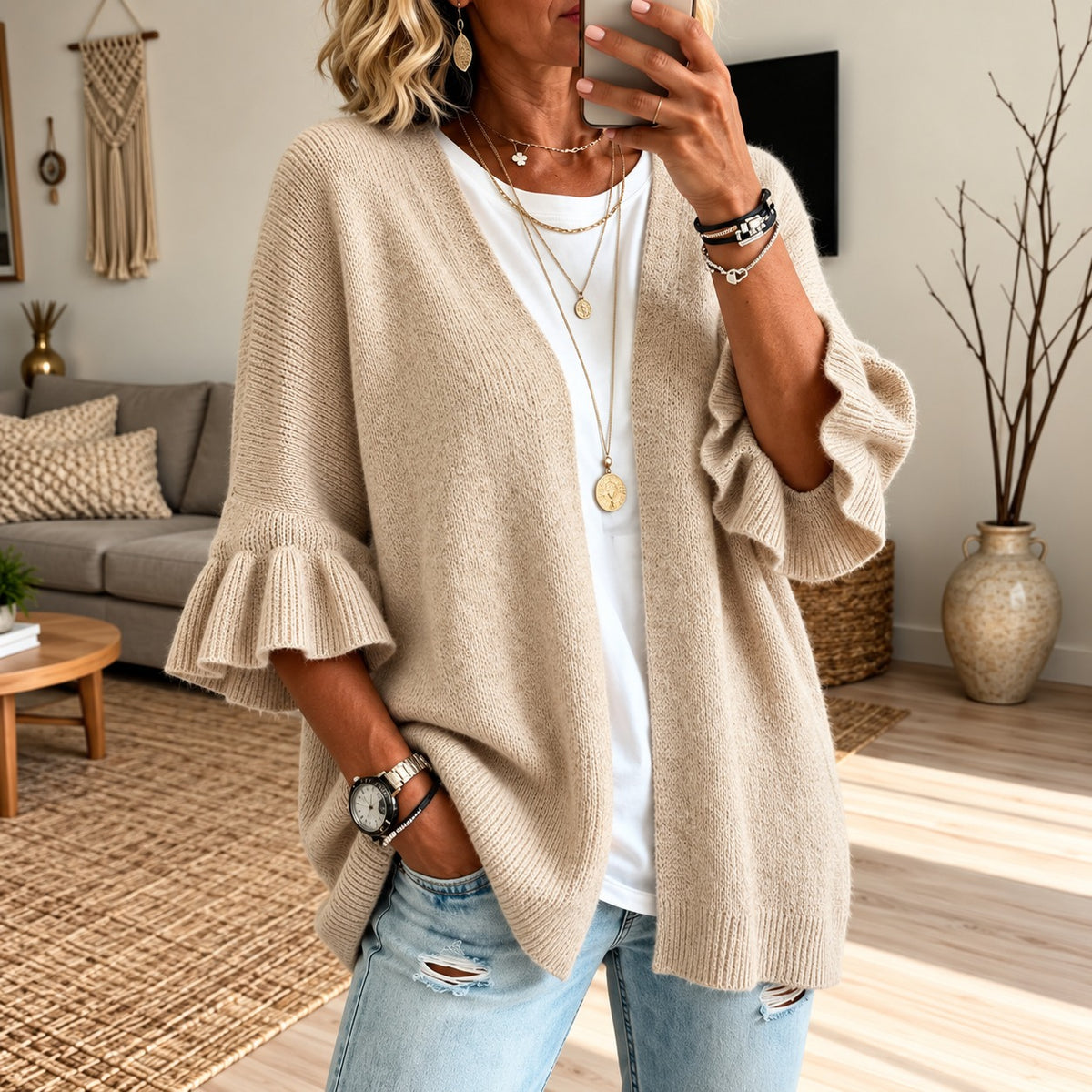 Cardigan Girona™ with Textured Knit, Open Front and Bell Sleeves
