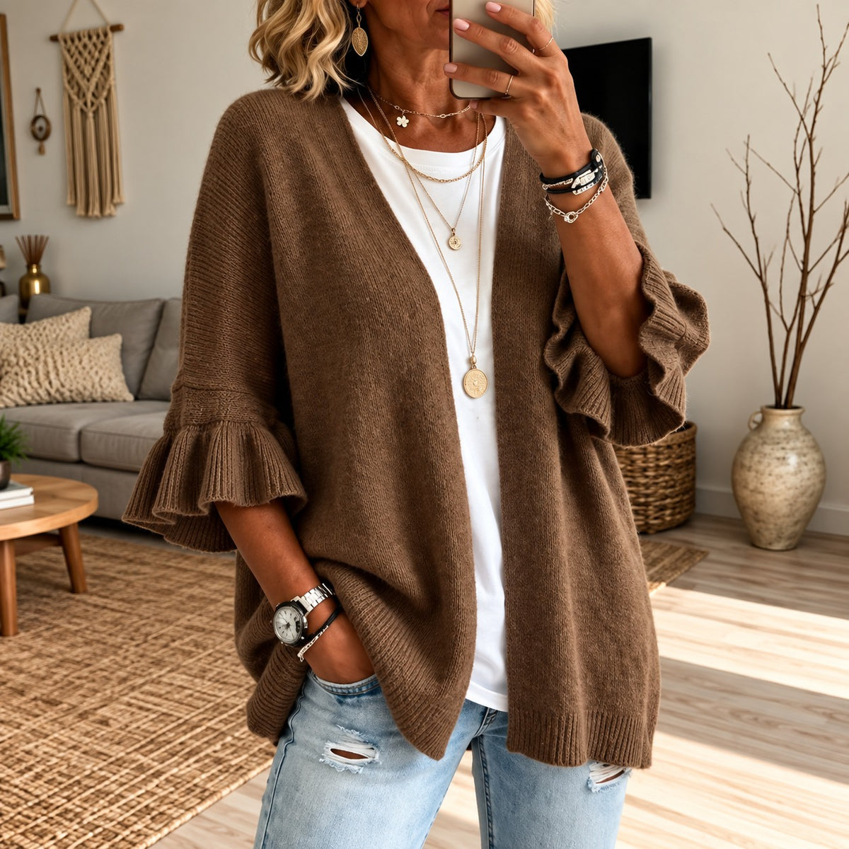 Cardigan Girona™ with Textured Knit, Open Front and Bell Sleeves