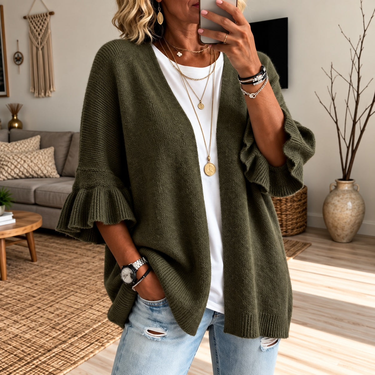 Cardigan Girona™ with Textured Knit, Open Front and Bell Sleeves