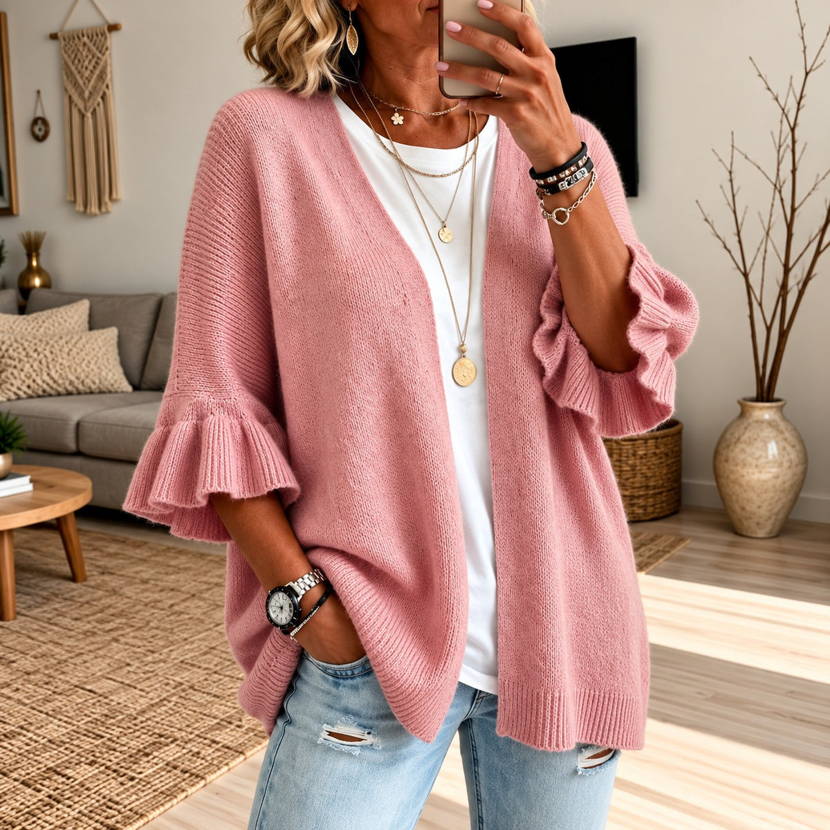 Cardigan Girona™ with Textured Knit, Open Front and Bell Sleeves