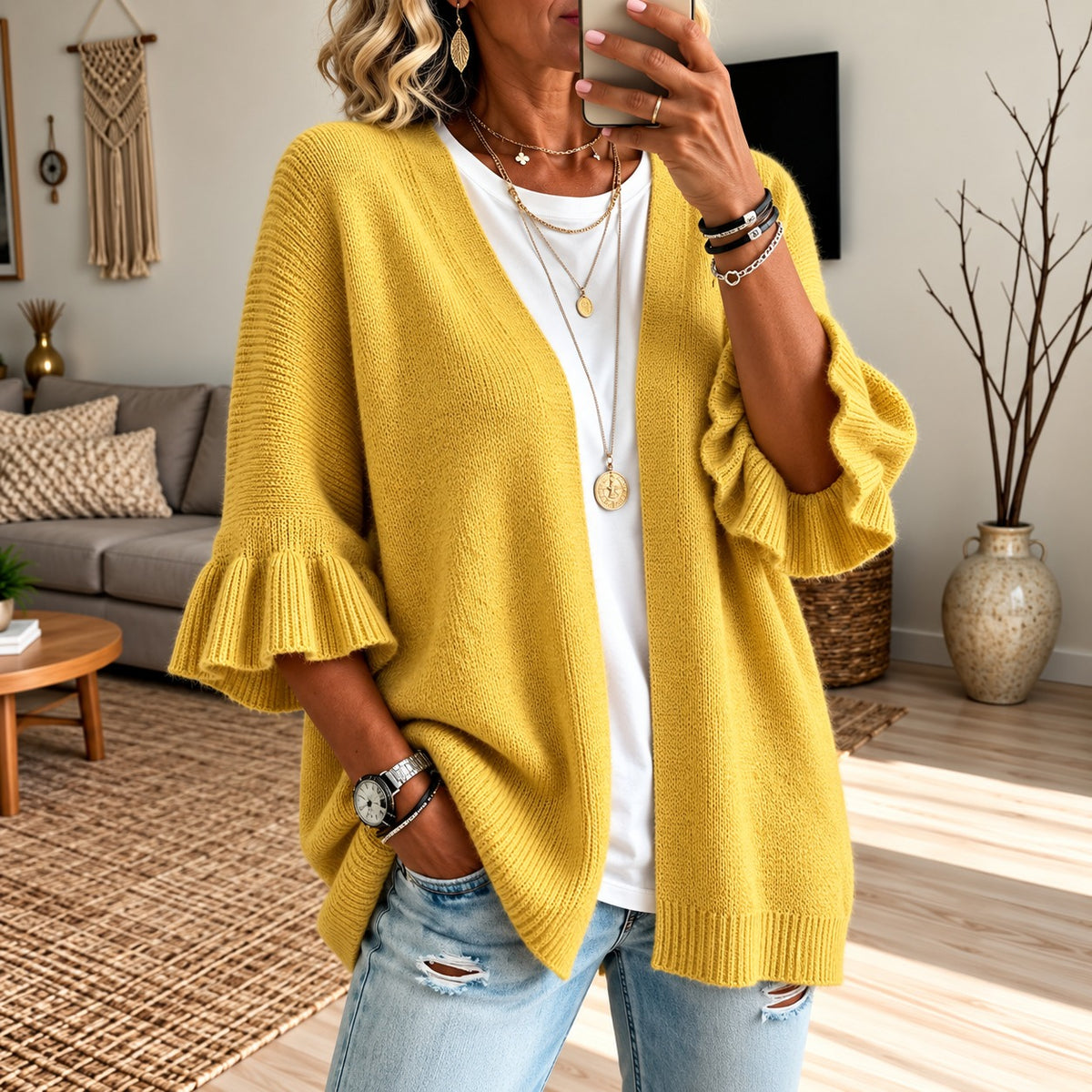 Cardigan Girona™ with Textured Knit, Open Front and Bell Sleeves