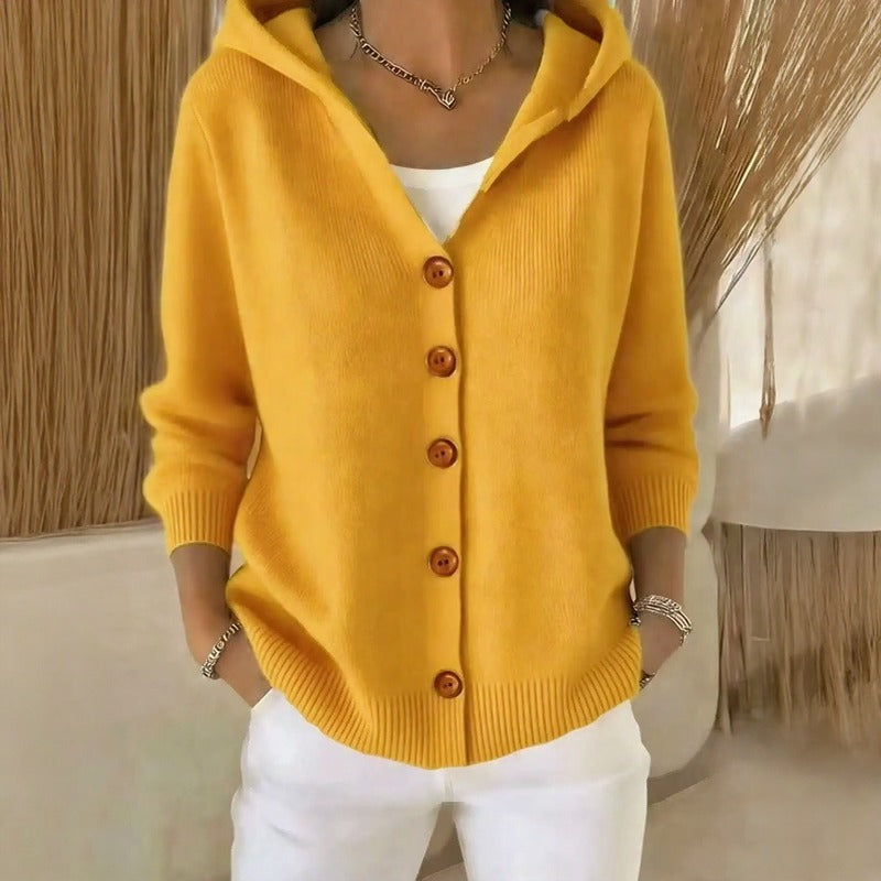 Caterina™ Cardigan in Textured Knit with Chic Front Buttons and a Cozy Hood