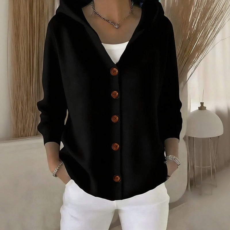 Caterina™ Cardigan in Textured Knit with Chic Front Buttons and a Cozy Hood