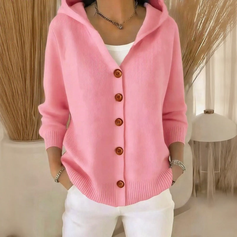 Caterina™ Cardigan in Textured Knit with Chic Front Buttons and a Cozy Hood