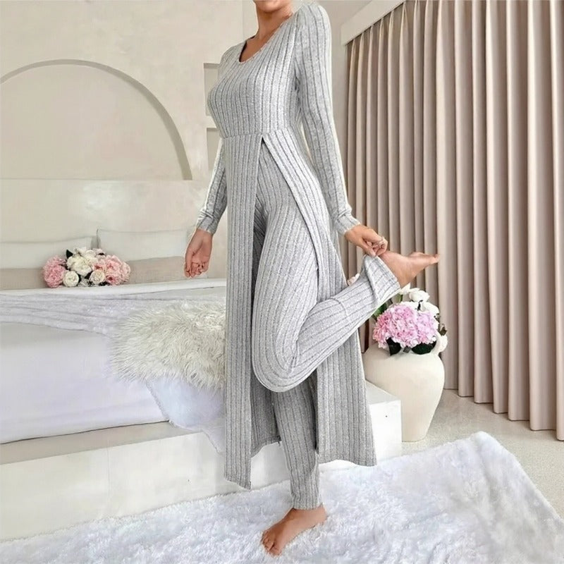 Hera™ Two-Piece Set with Long Layered Top, Side Slit and High-Waisted Pants