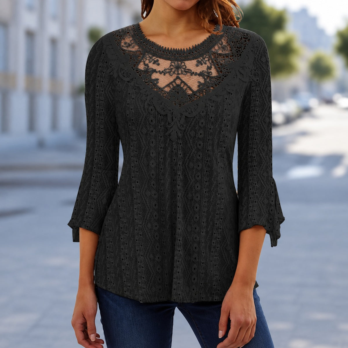 Blouse Annecy™ With Ornamental Embroidery, Lace Details and Wide Sleeves