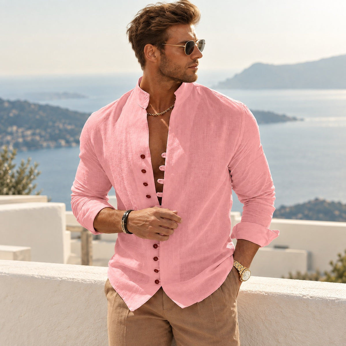 Ferran™ Cotton-Linen Shirt with Mandarin Collar and Old Money Style