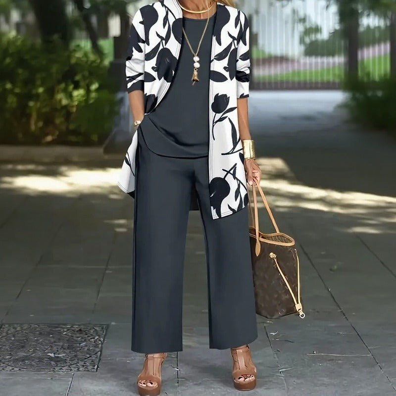 Magnolia™ 3-Piece Set with Relaxed Top, Wide-Leg Pants and Long Floral Cardigan