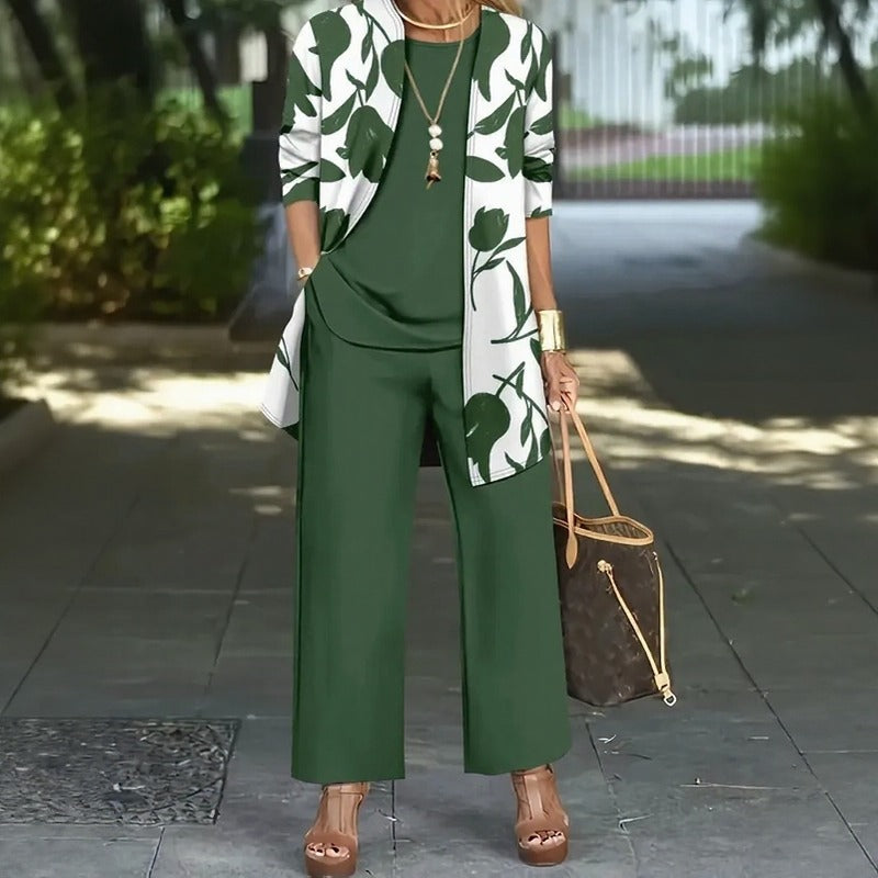Magnolia™ 3-Piece Set with Relaxed Top, Wide-Leg Pants and Long Floral Cardigan