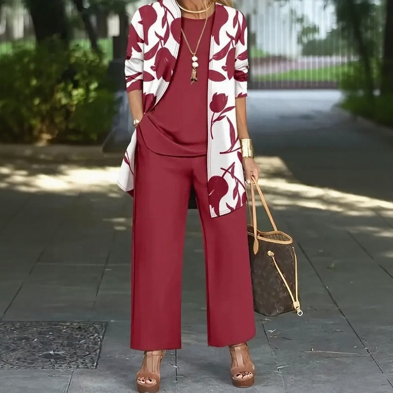 Magnolia™ 3-Piece Set with Relaxed Top, Wide-Leg Pants and Long Floral Cardigan