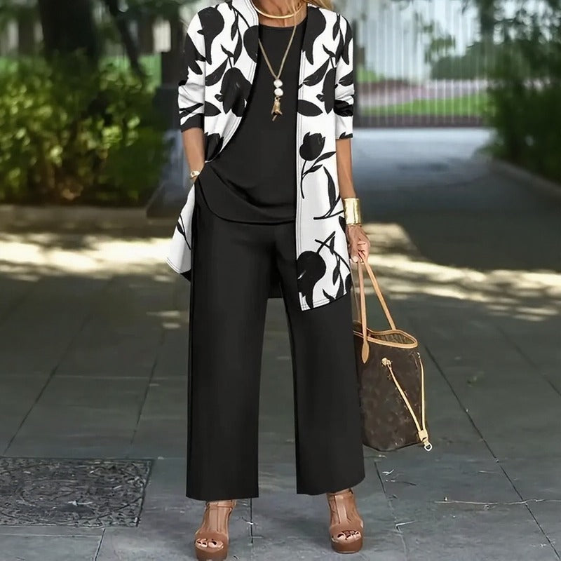Magnolia™ 3-Piece Set with Relaxed Top, Wide-Leg Pants and Long Floral Cardigan