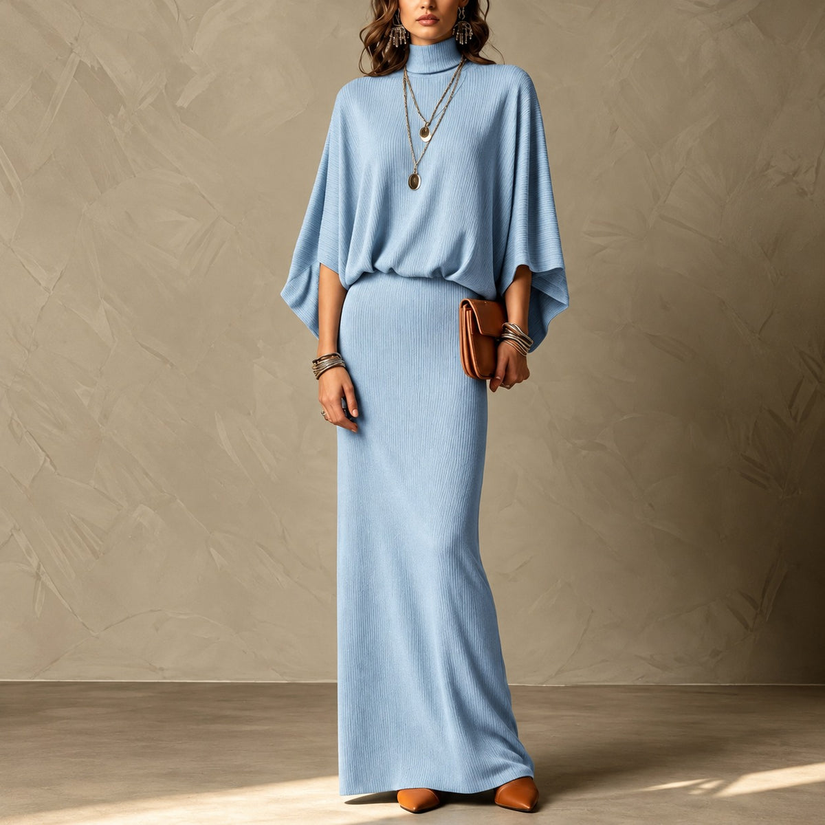 Set Geneva™ with High-Neck Batwing-Sleeve Top and Maxi Skirt
