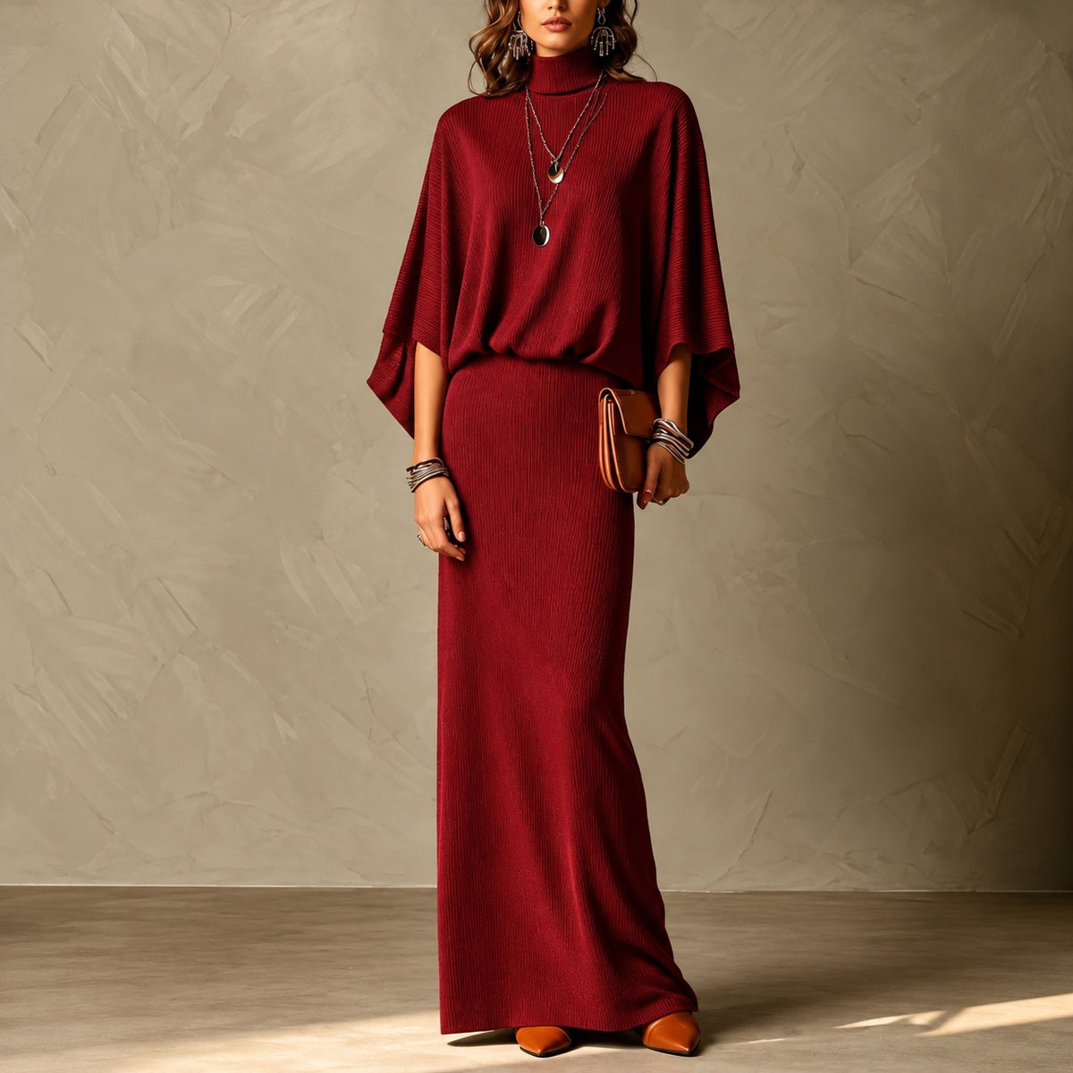 Set Geneva™ with High-Neck Batwing-Sleeve Top and Maxi Skirt