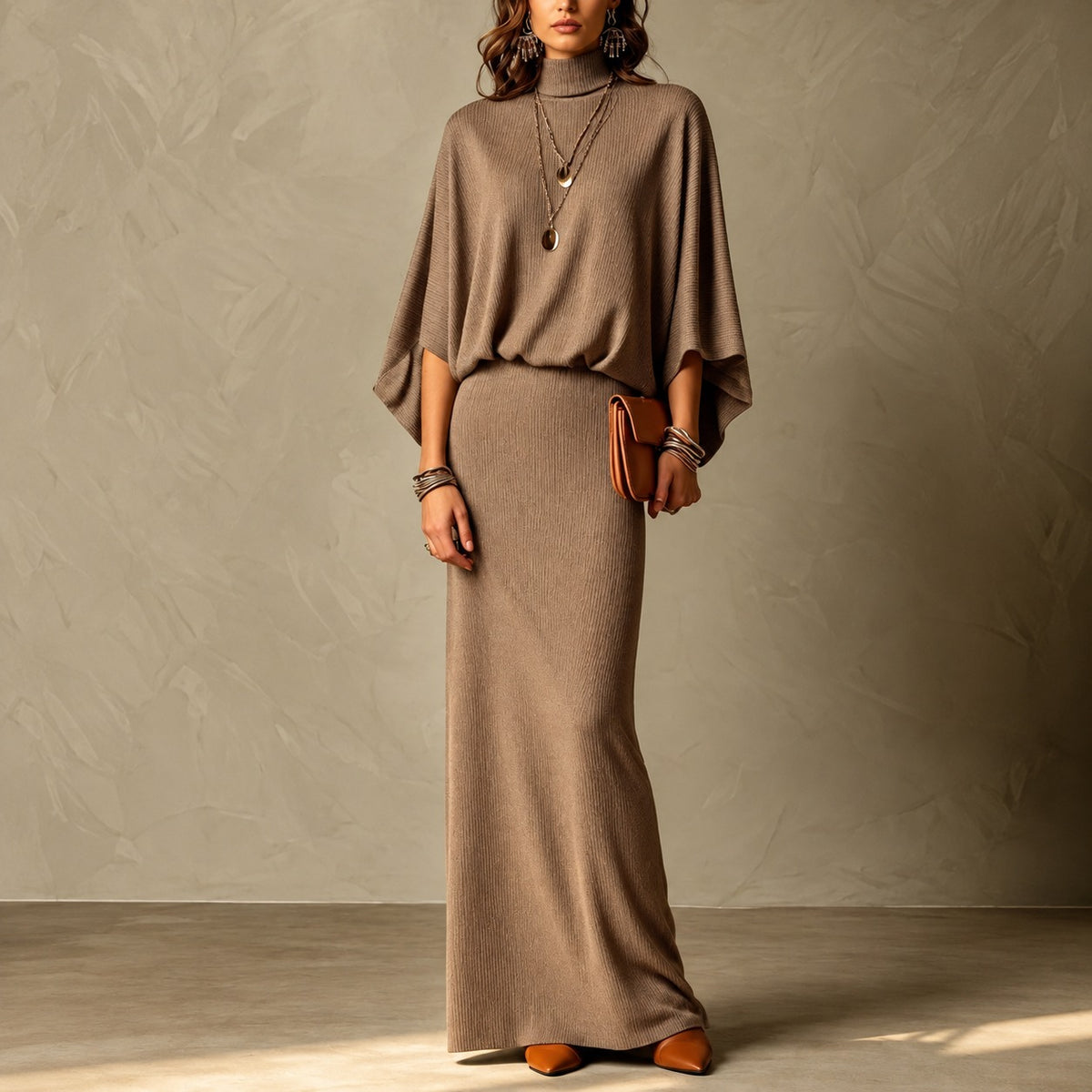 Set Geneva™ with High-Neck Batwing-Sleeve Top and Maxi Skirt