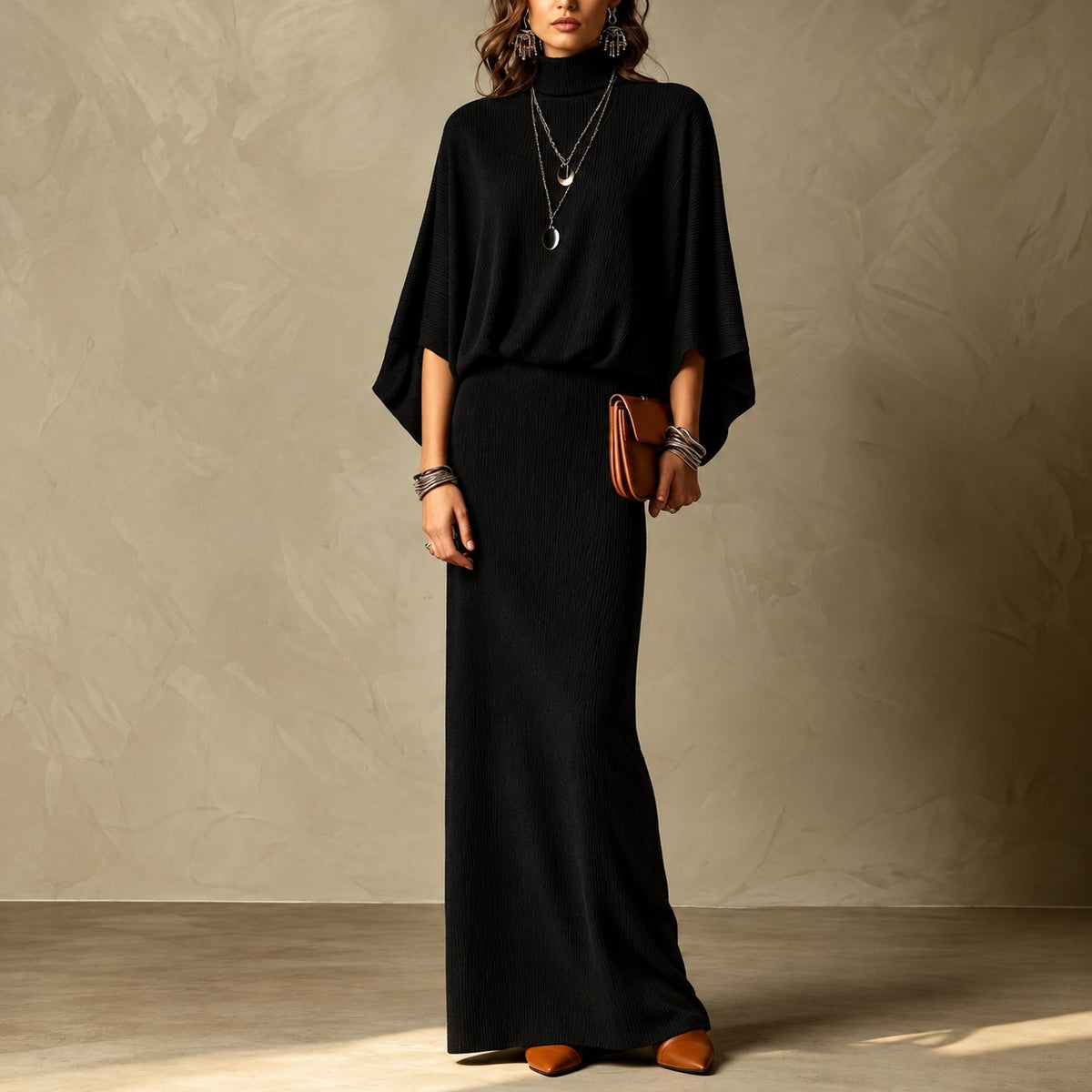 Set Geneva™ with High-Neck Batwing-Sleeve Top and Maxi Skirt