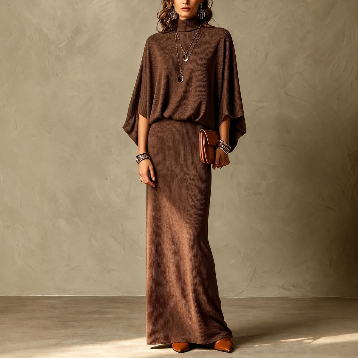 Set Geneva™ with High-Neck Batwing-Sleeve Top and Maxi Skirt