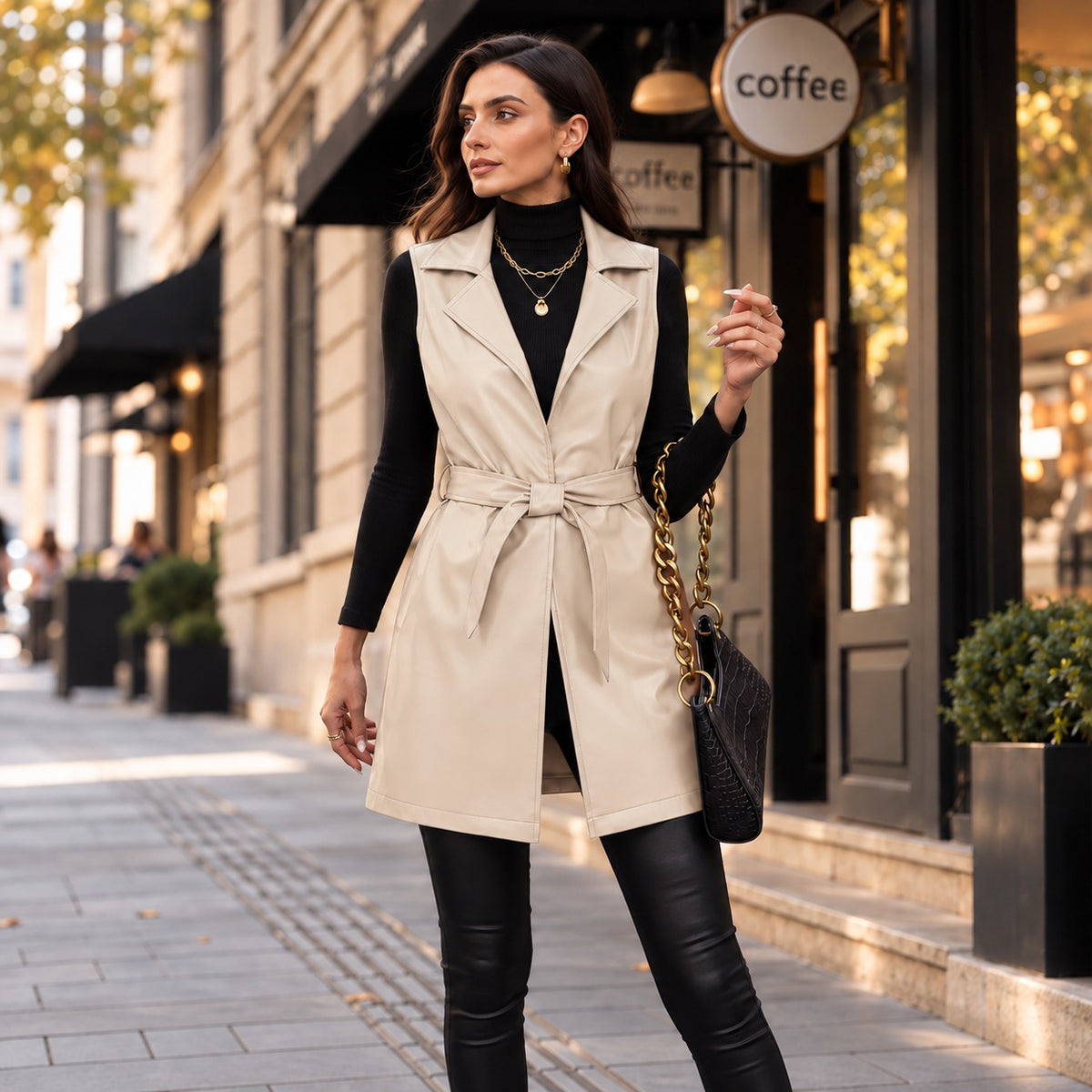 Alessia™ Premium Faux Leather Vest with Wide Lapels and Refined Waist Tie