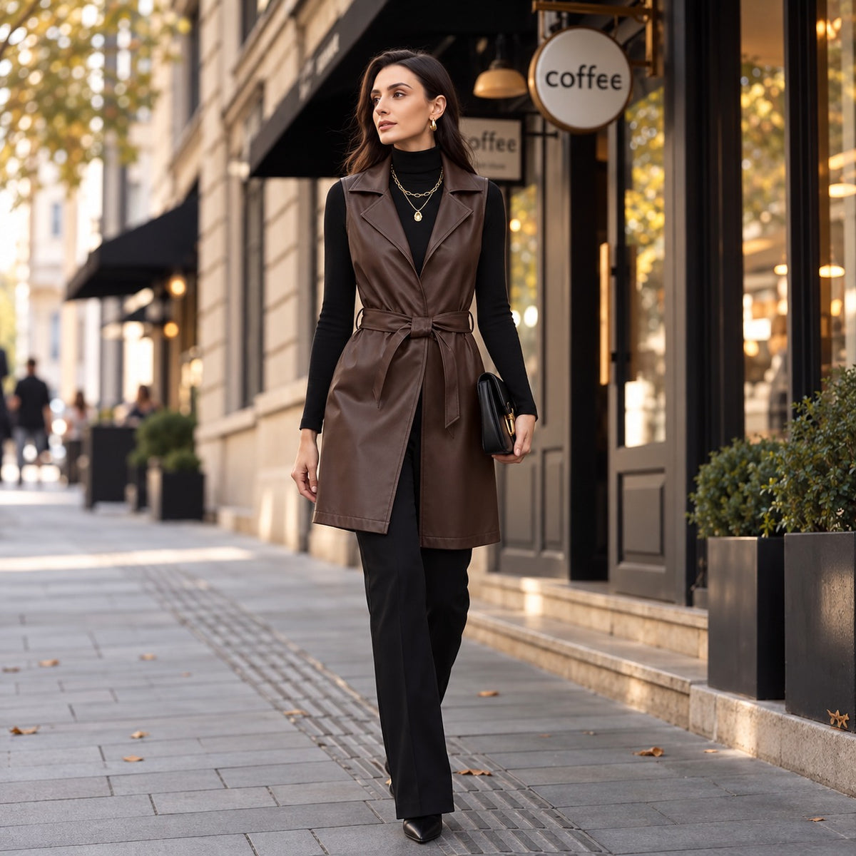 Alessia™ Premium Faux Leather Vest with Wide Lapels and Refined Waist Tie