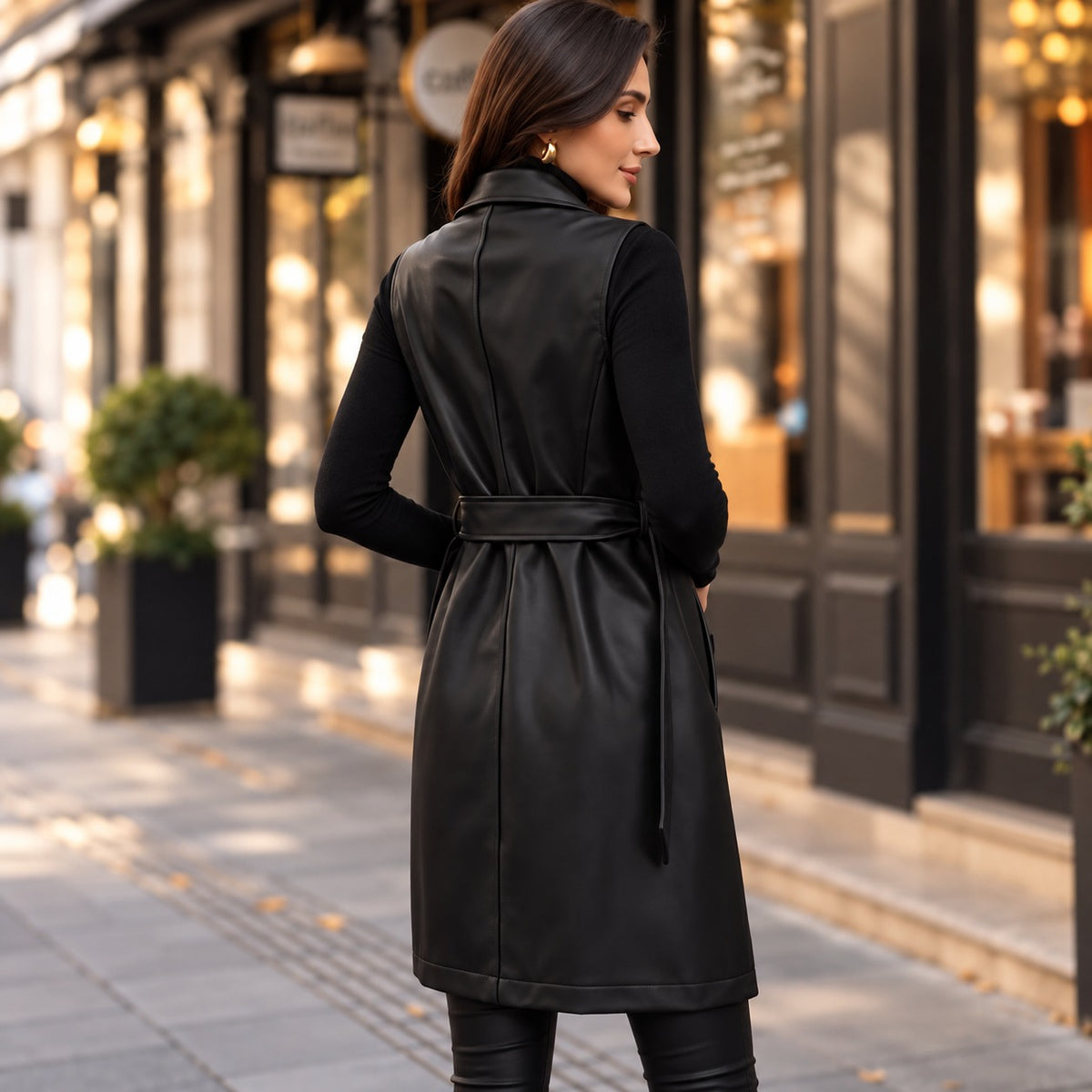 Alessia™ Premium Faux Leather Vest with Wide Lapels and Refined Waist Tie
