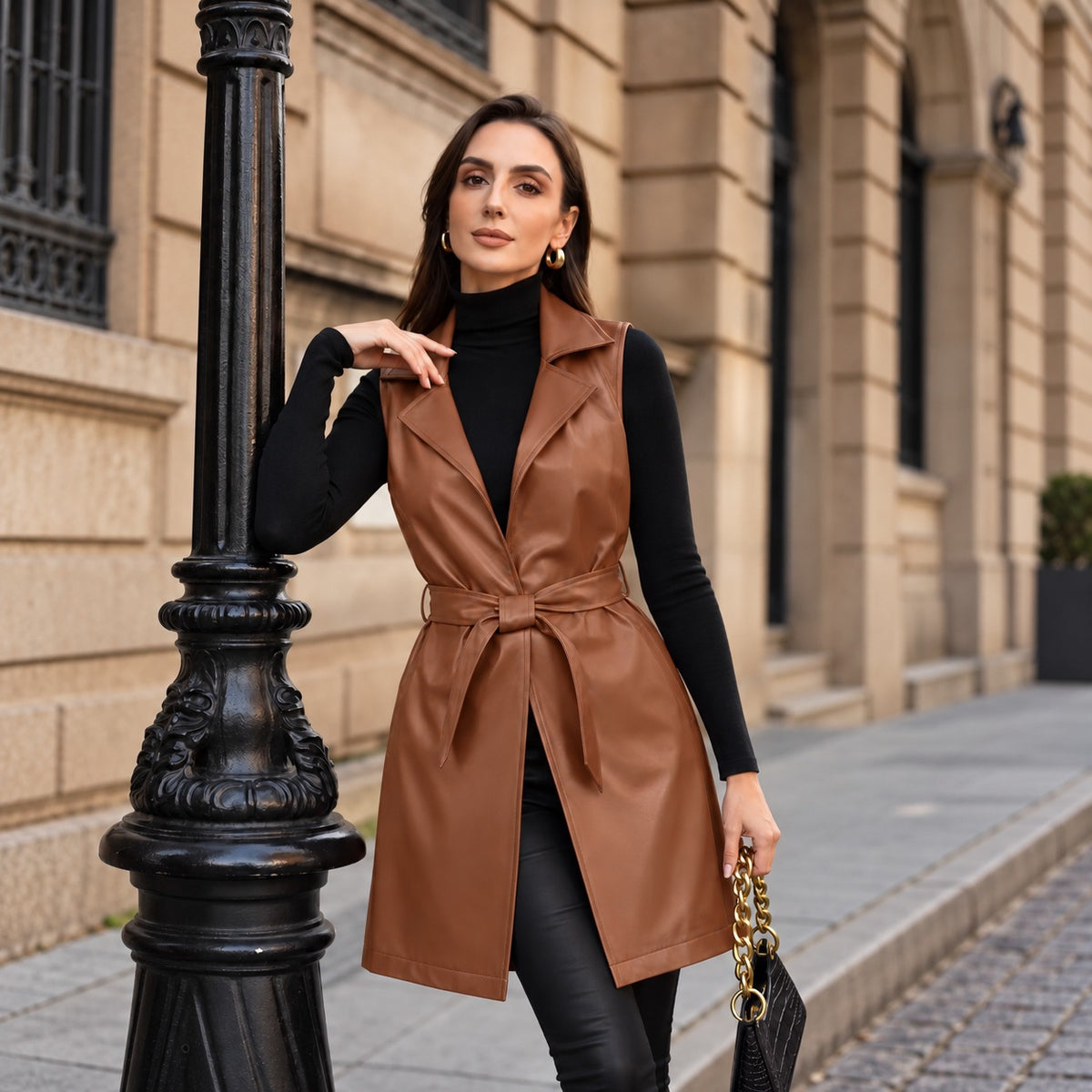 Alessia™ Premium Faux Leather Vest with Wide Lapels and Refined Waist Tie
