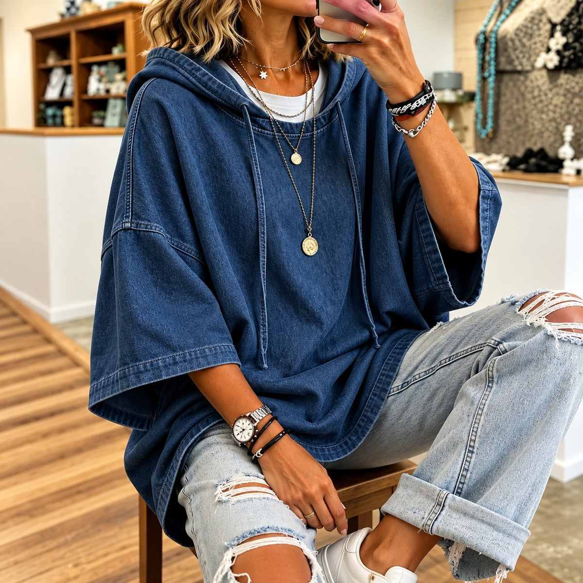 Denim Blouse Delaney™ with Hood, Wide 3/4 Sleeves and Oversized Fit