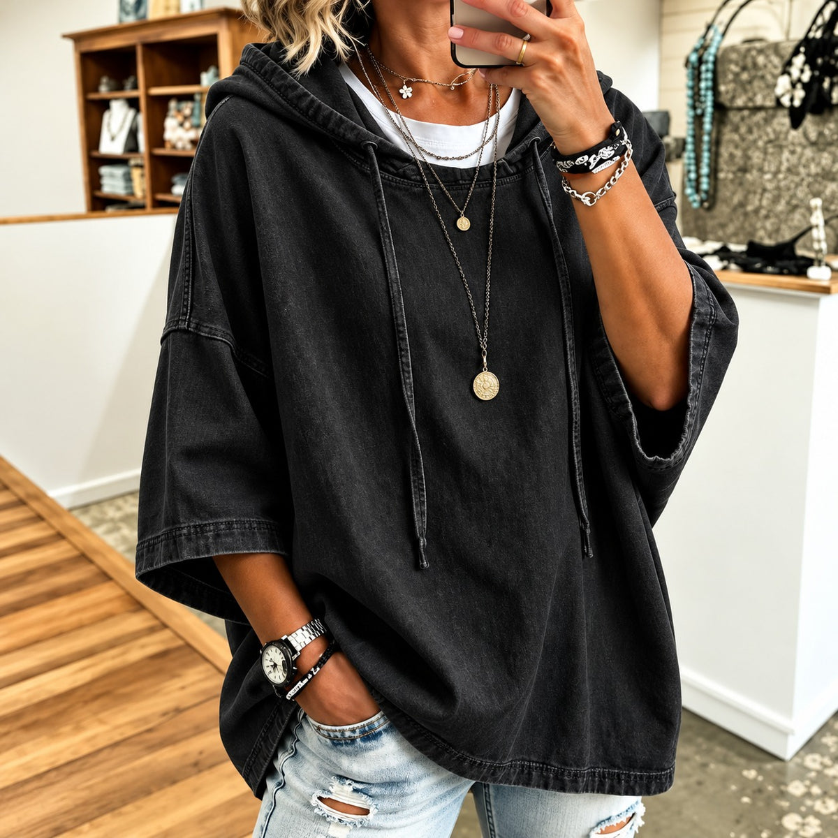 Denim Blouse Delaney™ with Hood, Wide 3/4 Sleeves and Oversized Fit