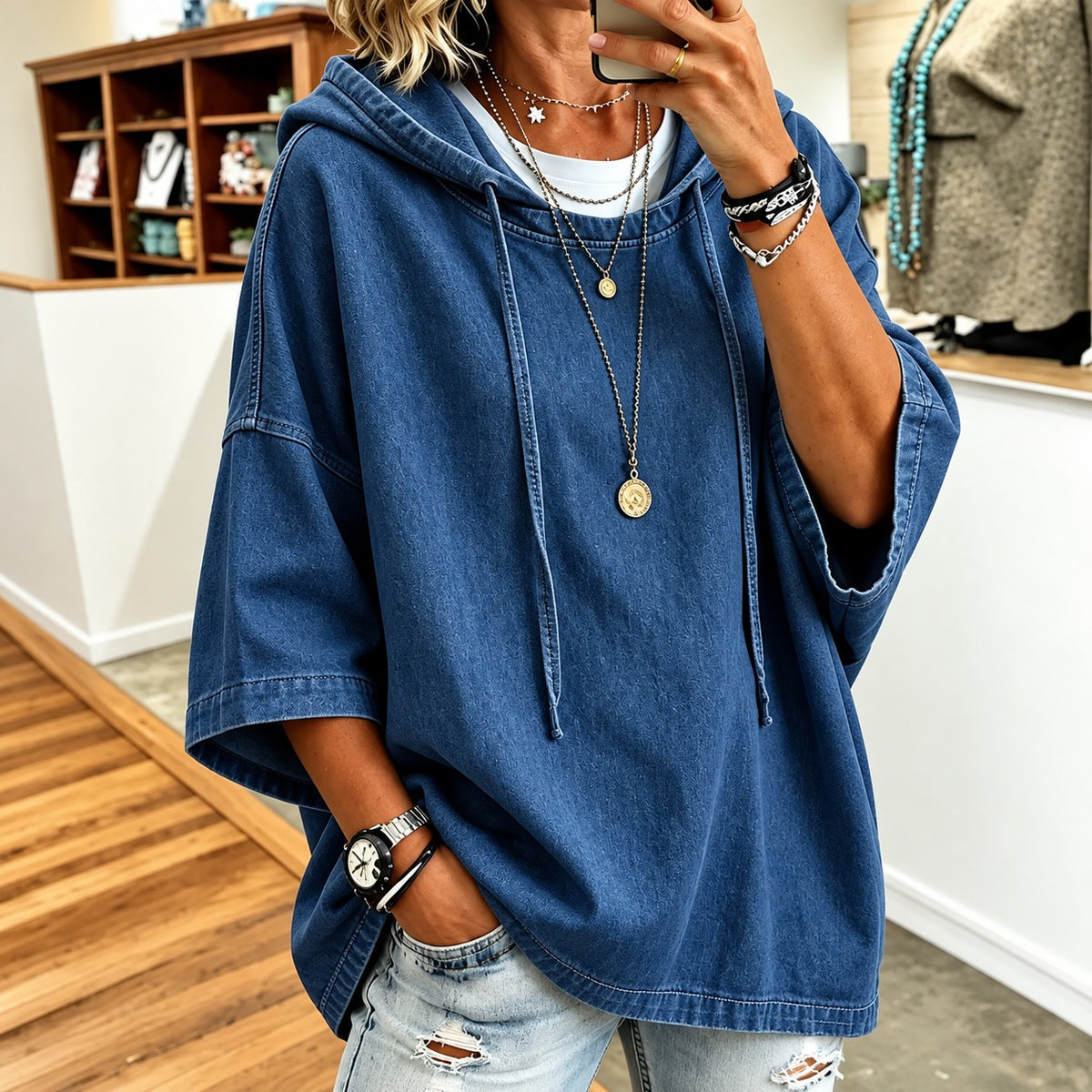 Denim Blouse Delaney™ with Hood, Wide 3/4 Sleeves and Oversized Fit