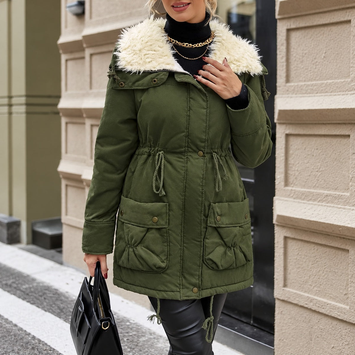 Coat Pamela™ with a Lined High Collar, Front Closure and Flap Pockets