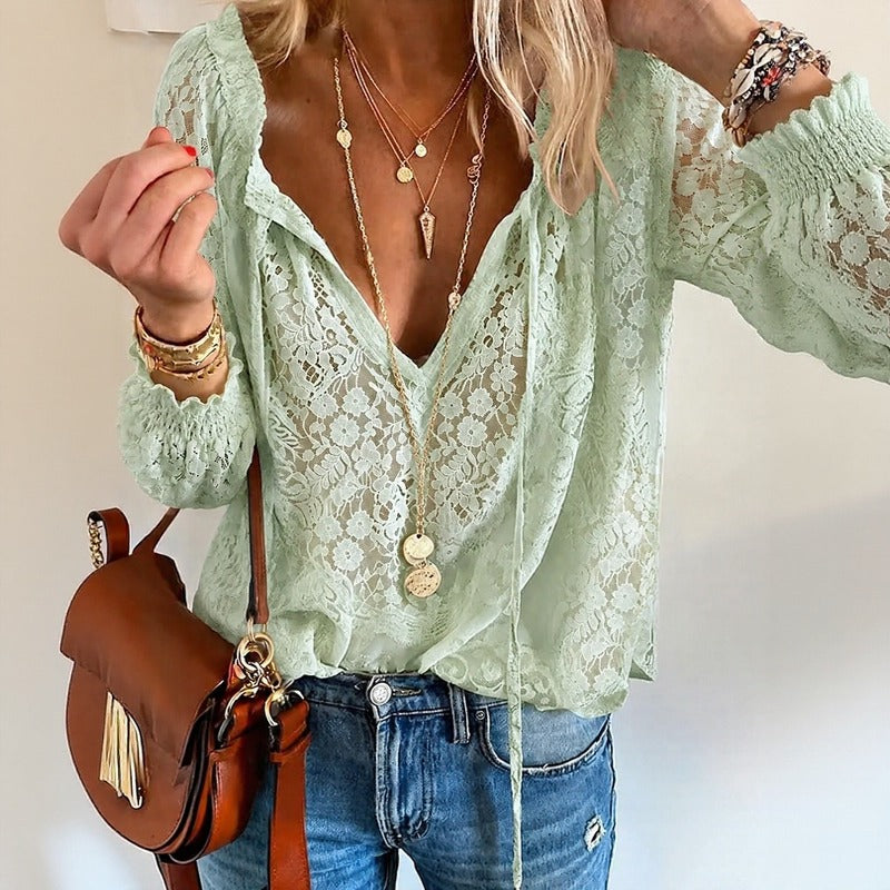 Ravena™ Blouse with Sheer Floral Lace and Tie-Neck Detail