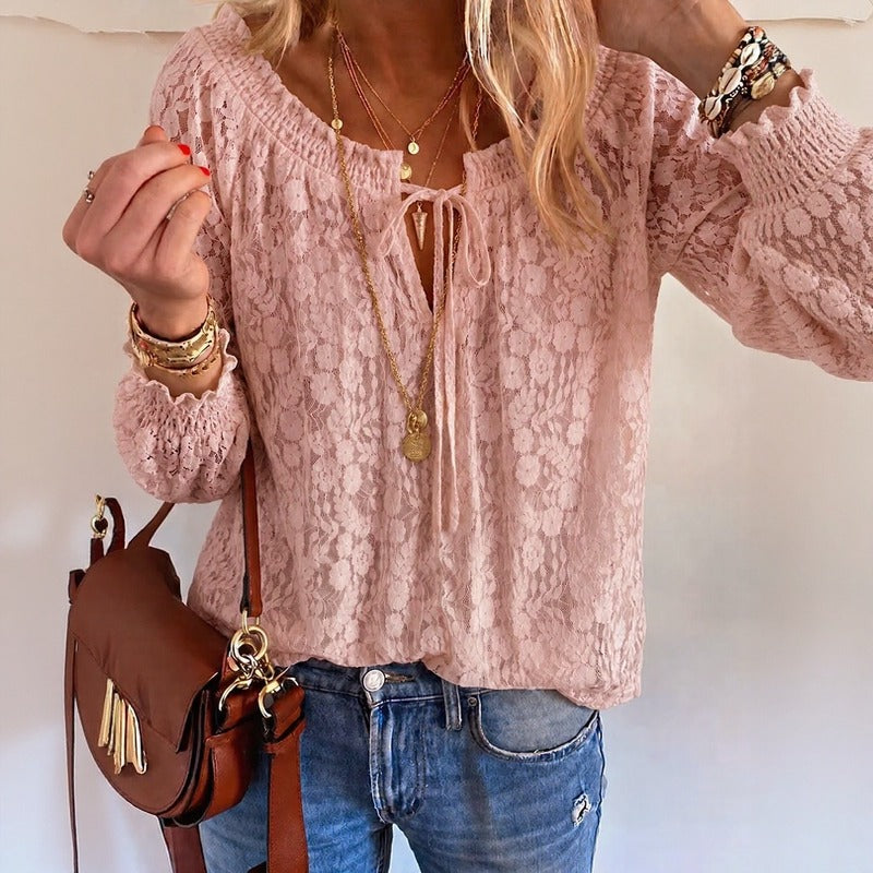 Ravena™ Blouse with Sheer Floral Lace and Tie-Neck Detail