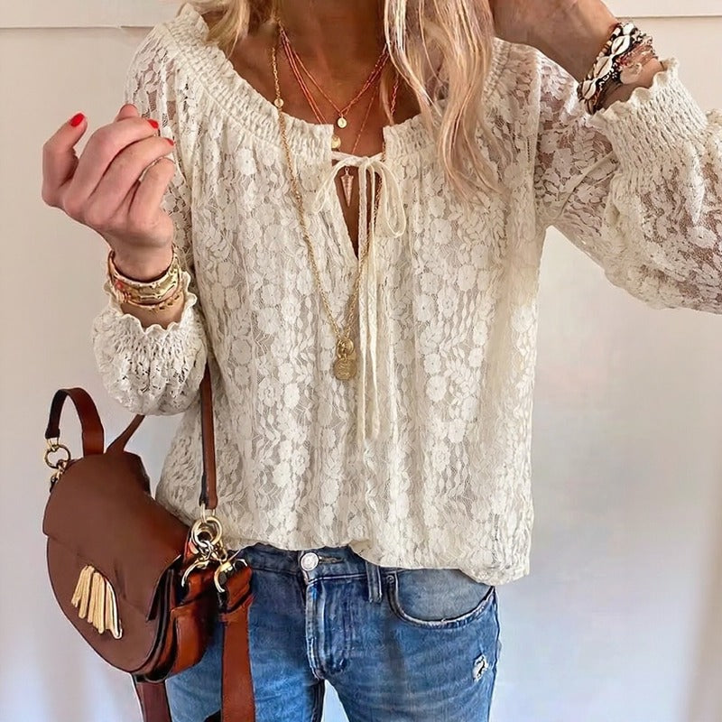 Ravena™ Blouse with Sheer Floral Lace and Tie-Neck Detail