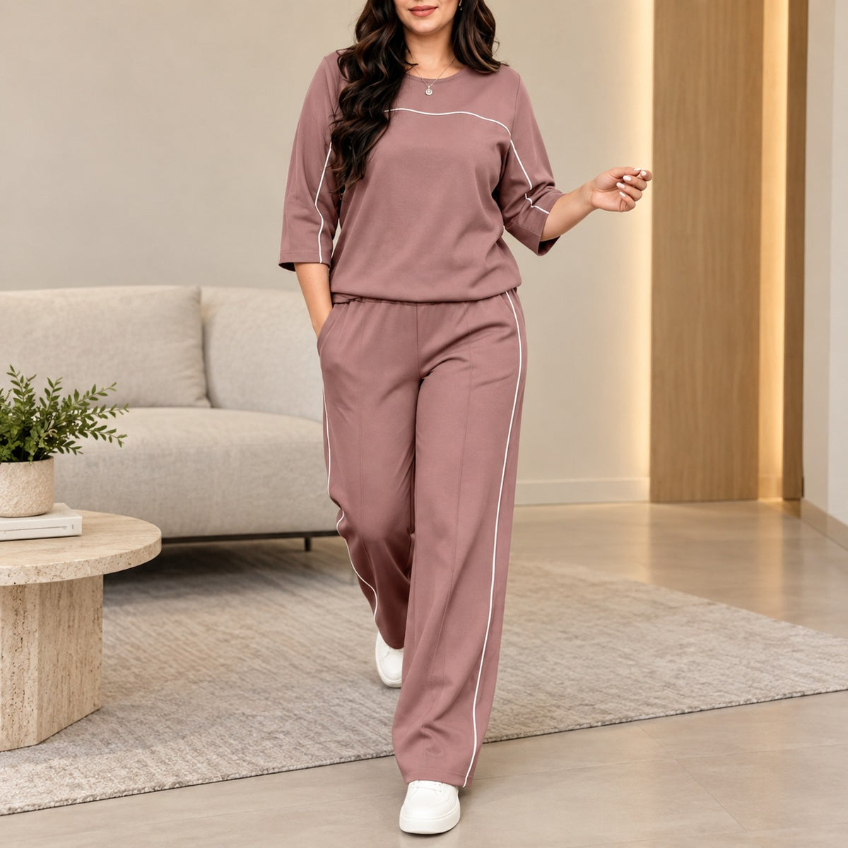 Set Camden™ with Contrast-Piped Top and Wide-Leg Pants