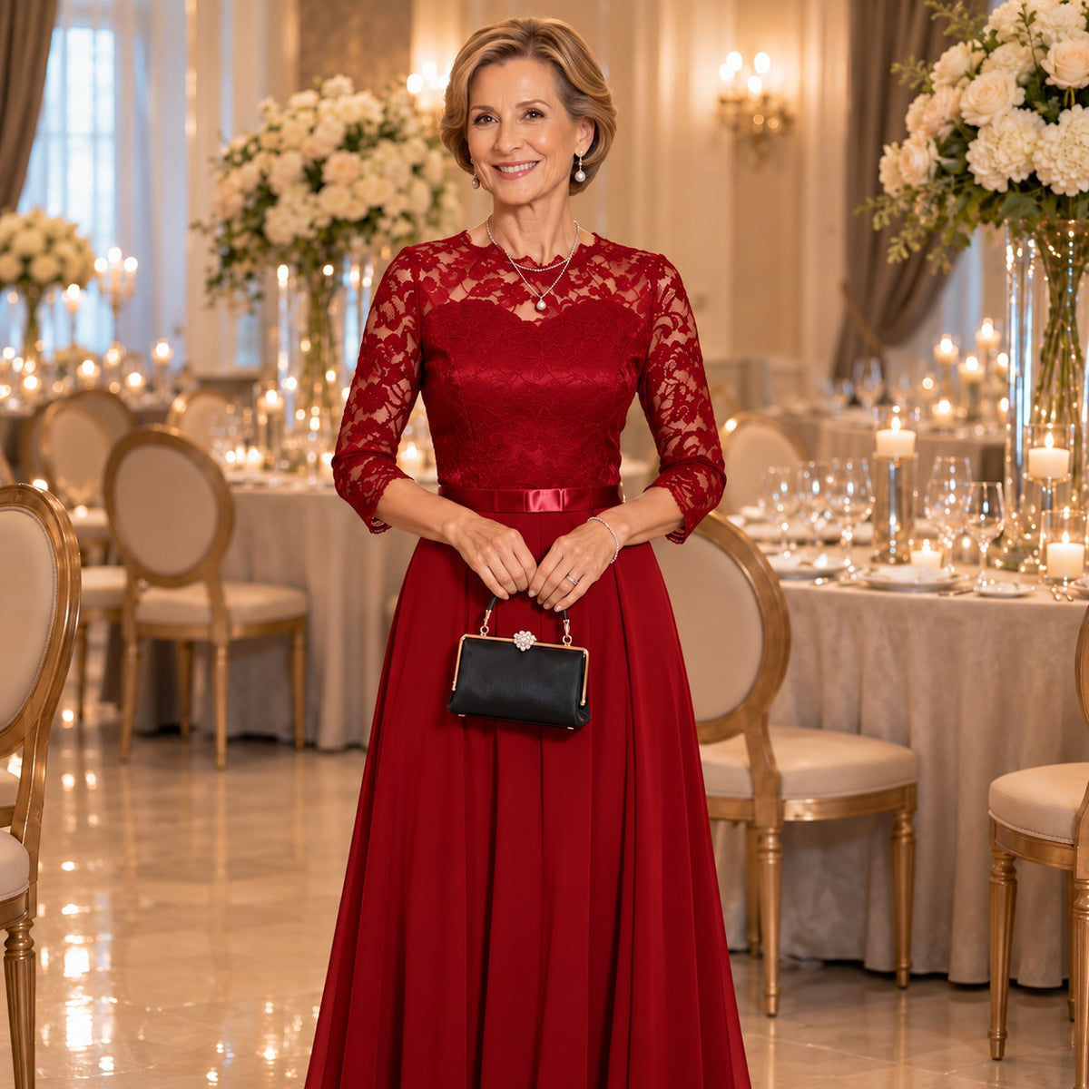 Amelia™ Dress with Floral Lace Details and Three-Quarter Sleeves